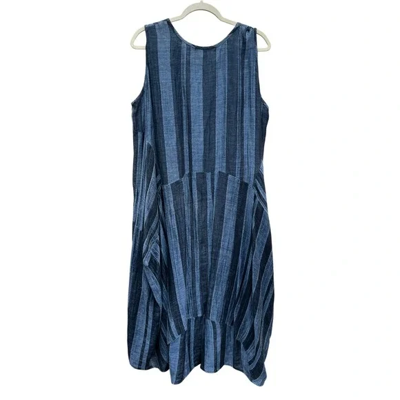 Dress To Kill Blue Striped Cotton Lagenlook Midi Pocket Tank Dress Made USA OS - Picture 5 of 9